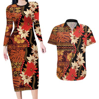 Hawaii Christmas Poinsettia Lei Couples Matching Long Sleeve Bodycon Dress and Hawaiian Shirt Tapa Pattern - Polynesian Pride