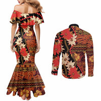 Hawaii Christmas Poinsettia Lei Couples Matching Mermaid Dress and Long Sleeve Button Shirt Tapa Pattern - Polynesian Pride