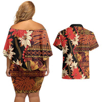 Hawaii Christmas Poinsettia Lei Couples Matching Off Shoulder Short Dress and Hawaiian Shirt Tapa Pattern - Polynesian Pride