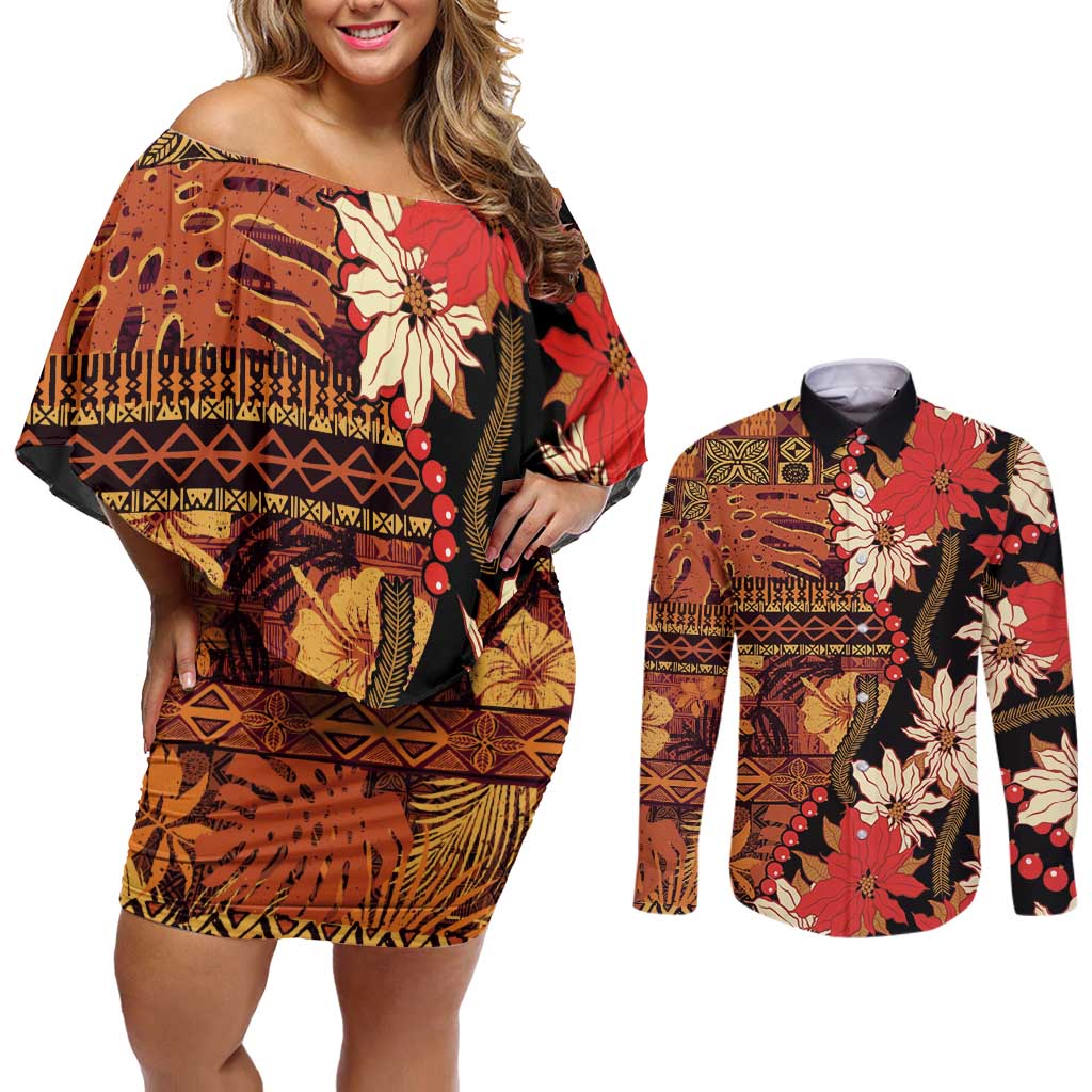 Hawaii Christmas Poinsettia Lei Couples Matching Off Shoulder Short Dress and Long Sleeve Button Shirt Tapa Pattern - Polynesian Pride
