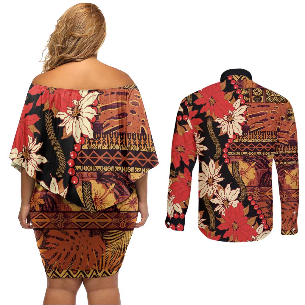 Hawaii Christmas Poinsettia Lei Couples Matching Off Shoulder Short Dress and Long Sleeve Button Shirt Tapa Pattern - Polynesian Pride