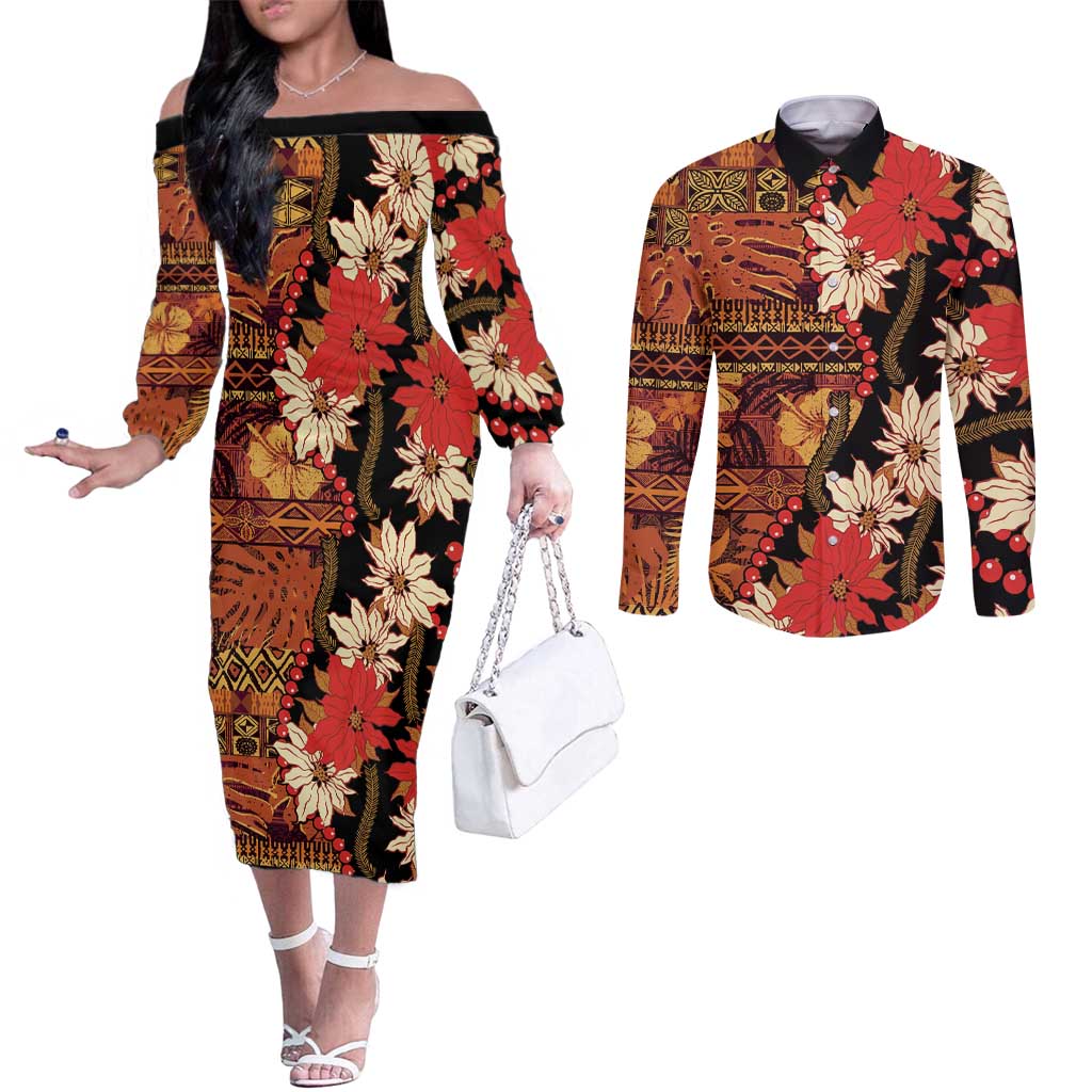 Hawaii Christmas Poinsettia Lei Couples Matching Off The Shoulder Long Sleeve Dress and Long Sleeve Button Shirt Tapa Pattern - Polynesian Pride