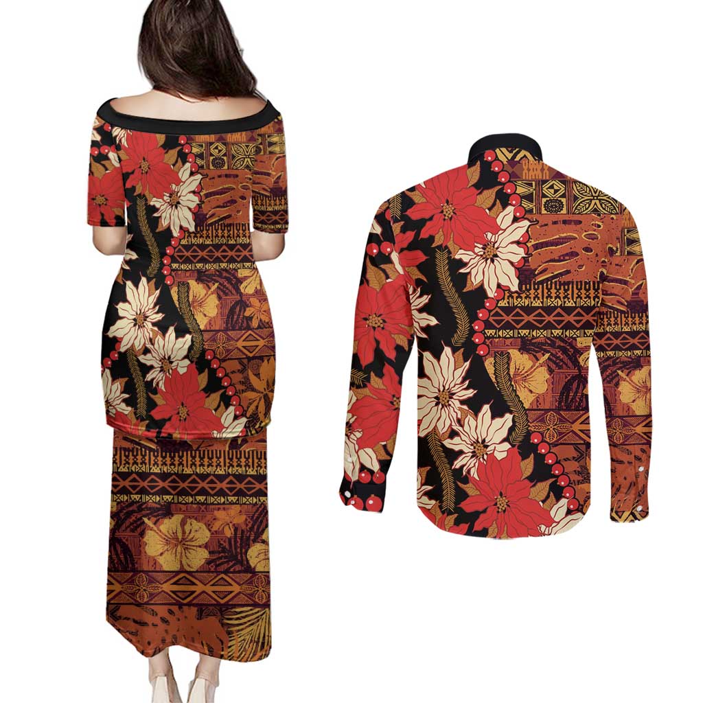Hawaii Christmas Poinsettia Lei Couples Matching Puletasi and Long Sleeve Button Shirt Tapa Pattern - Polynesian Pride