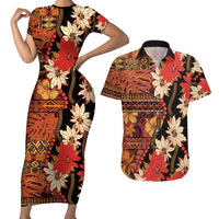 Hawaii Christmas Poinsettia Lei Couples Matching Short Sleeve Bodycon Dress and Hawaiian Shirt Tapa Pattern - Polynesian Pride