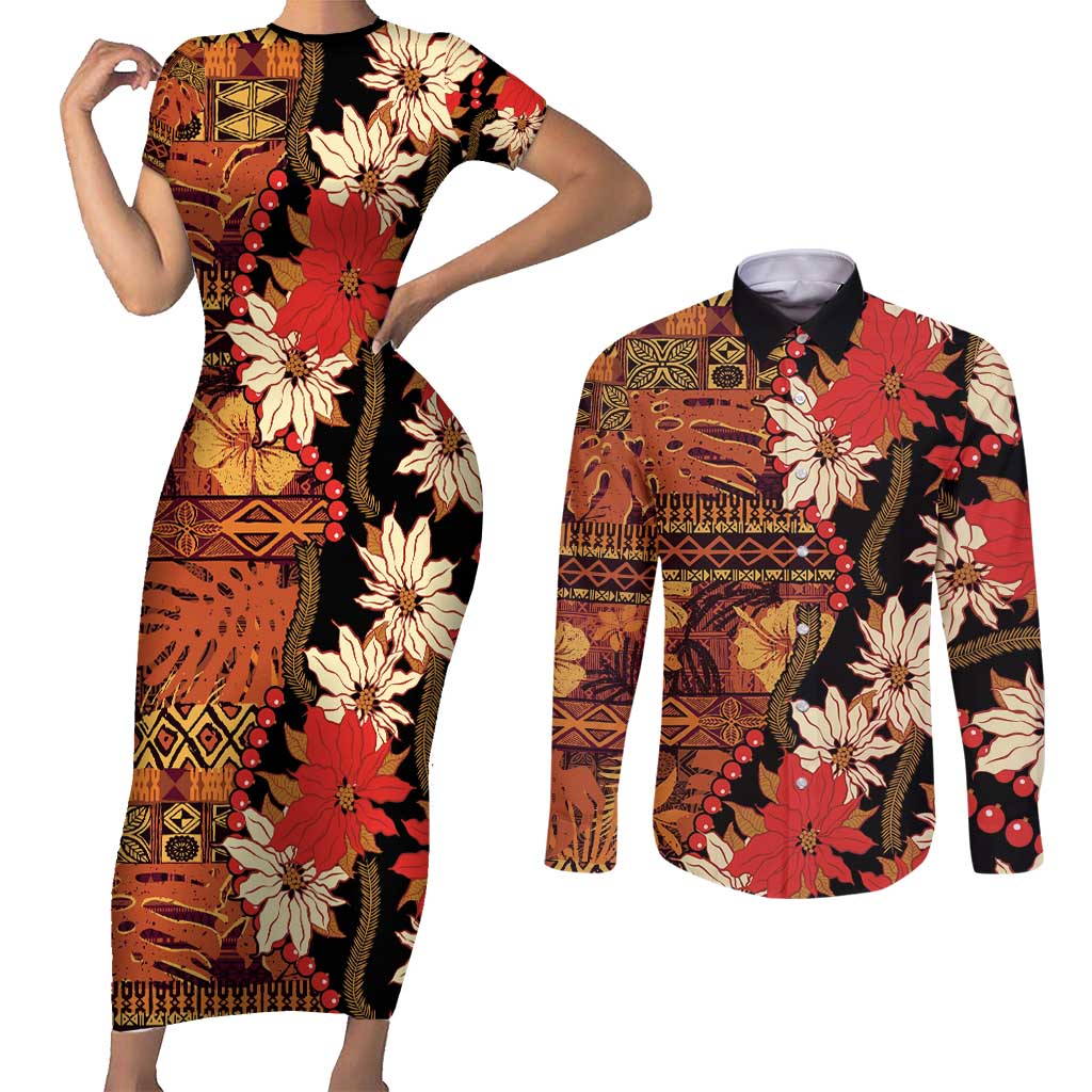 Hawaii Christmas Poinsettia Lei Couples Matching Short Sleeve Bodycon Dress and Long Sleeve Button Shirt Tapa Pattern - Polynesian Pride