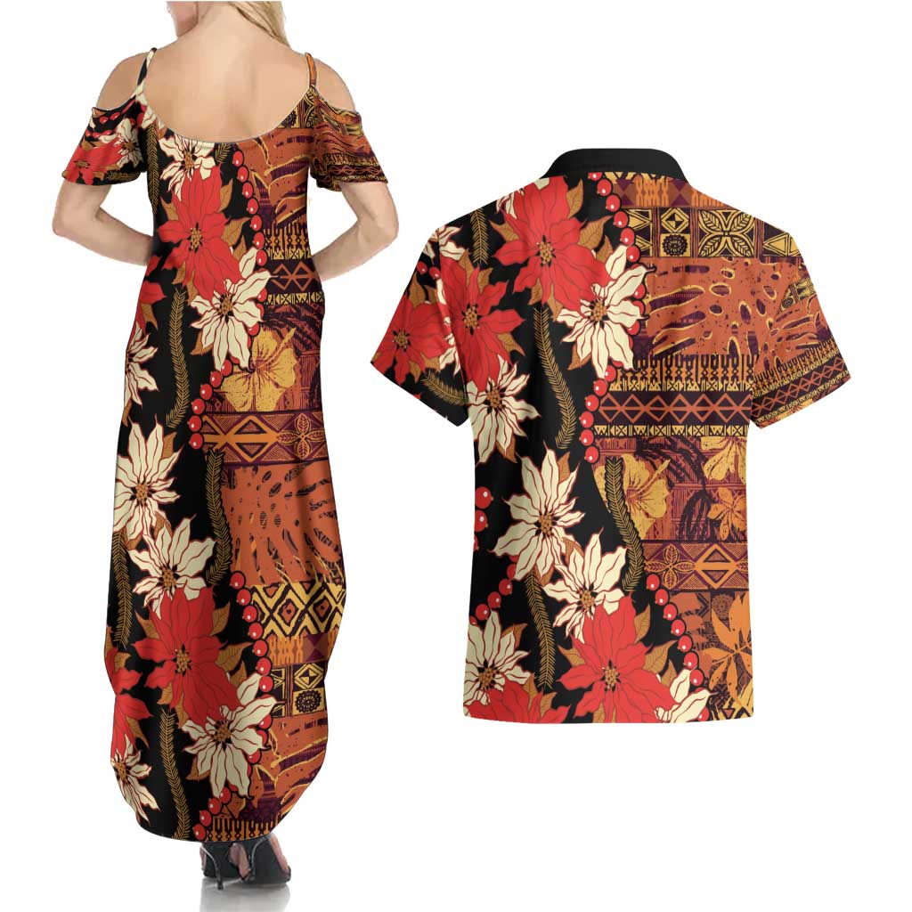 Hawaii Christmas Poinsettia Lei Couples Matching Summer Maxi Dress and Hawaiian Shirt Tapa Pattern - Polynesian Pride