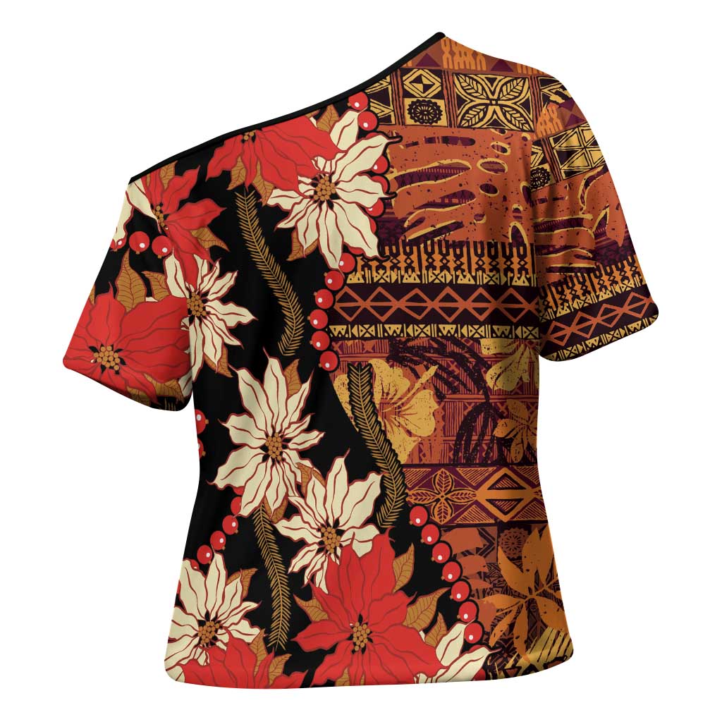 Hawaii Christmas Poinsettia Lei Cross Shoulder Shirt Tapa Pattern - Polynesian Pride