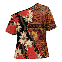 Hawaii Christmas Poinsettia Lei Cross Shoulder Shirt Tapa Pattern - Polynesian Pride