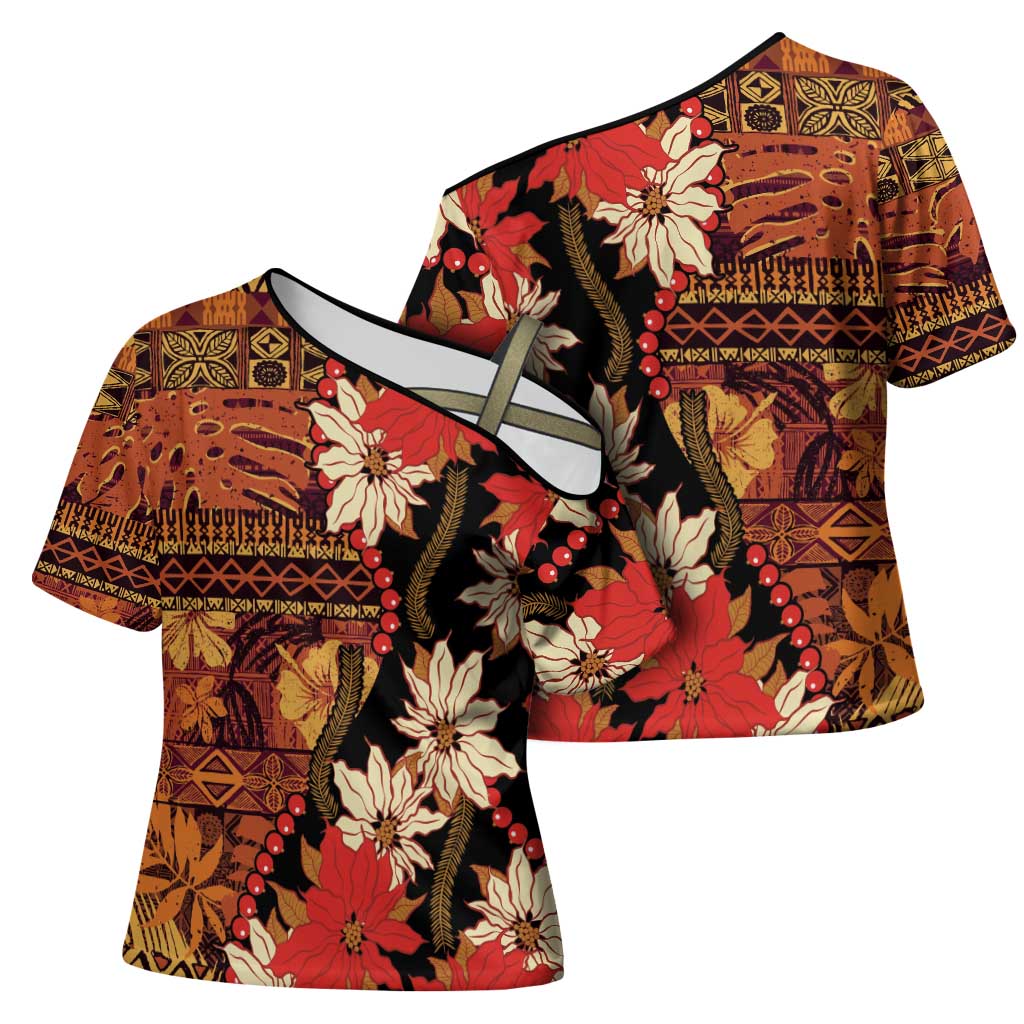 Hawaii Christmas Poinsettia Lei Cross Shoulder Shirt Tapa Pattern - Polynesian Pride