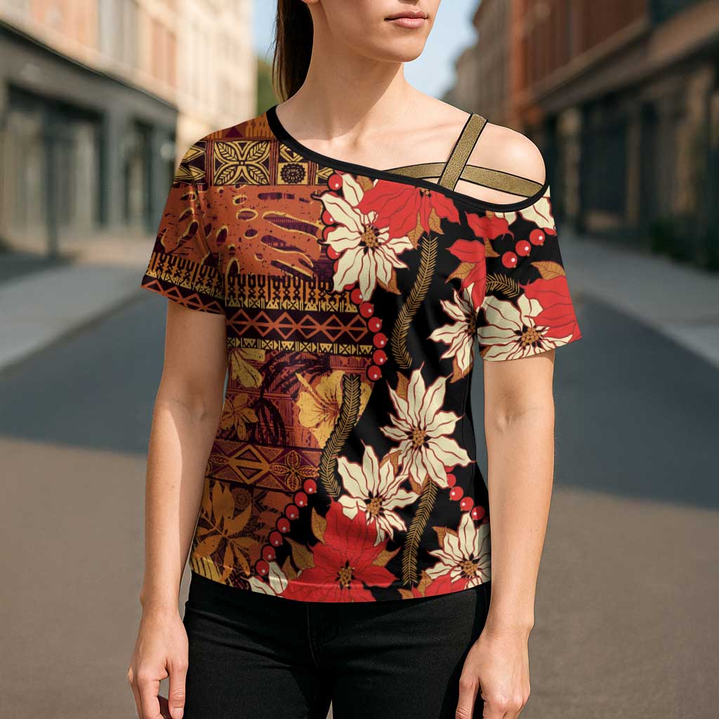 Hawaii Christmas Poinsettia Lei Cross Shoulder Shirt Tapa Pattern - Polynesian Pride