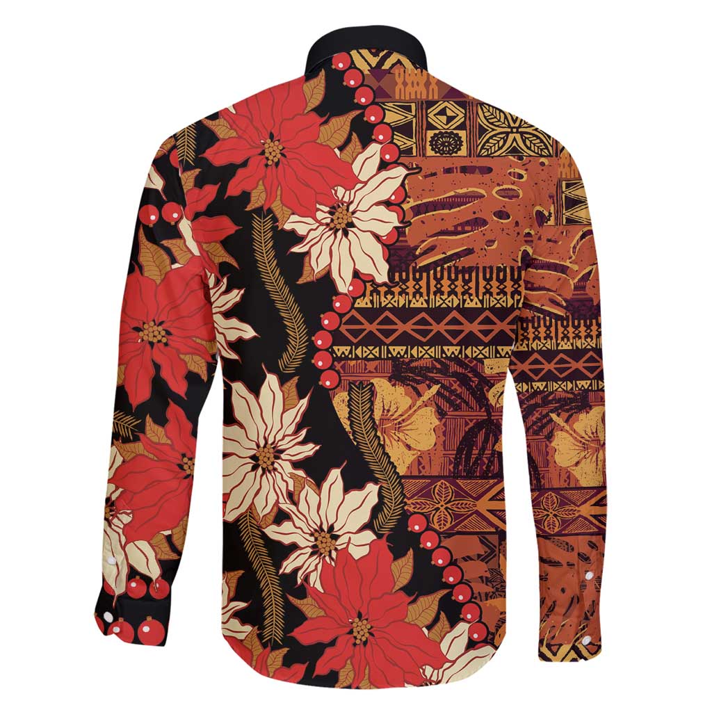 Hawaii Christmas Poinsettia Lei Family Matching Long Sleeve Bodycon Dress and Hawaiian Shirt Tapa Pattern - Polynesian Pride