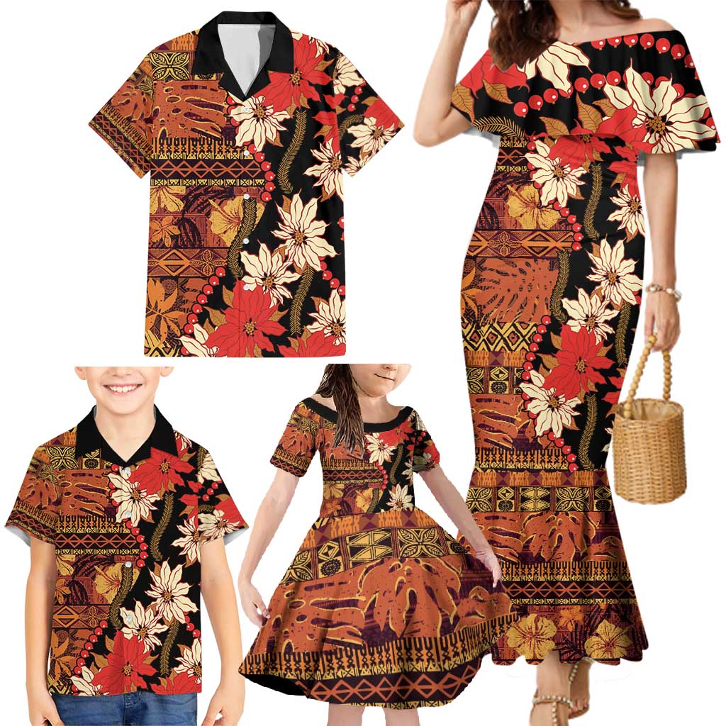 Hawaii Christmas Poinsettia Lei Family Matching Mermaid Dress and Hawaiian Shirt Tapa Pattern - Polynesian Pride