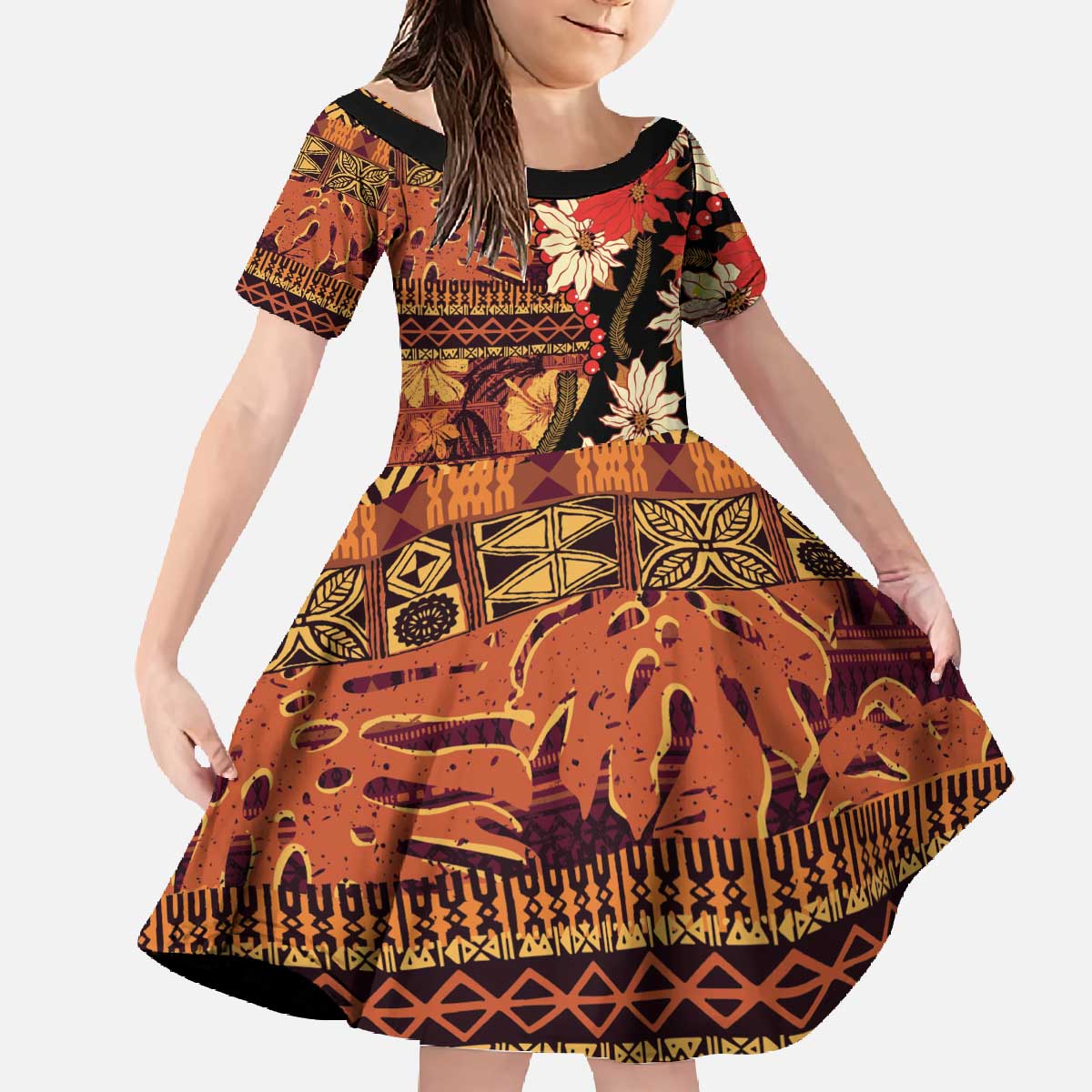 Hawaii Christmas Poinsettia Lei Family Matching Off The Shoulder Long Sleeve Dress and Hawaiian Shirt Tapa Pattern - Polynesian Pride