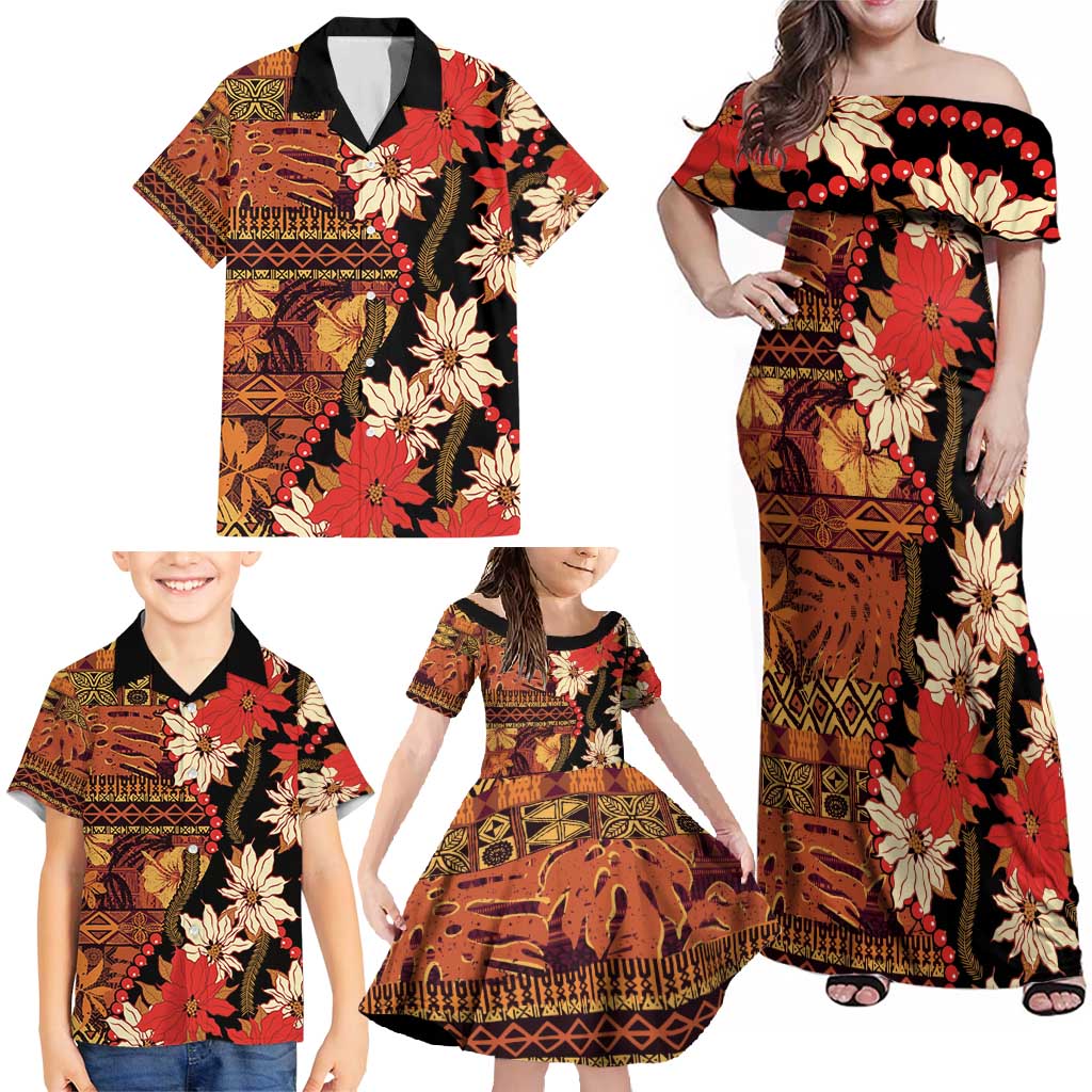 Hawaii Christmas Poinsettia Lei Family Matching Off Shoulder Maxi Dress and Hawaiian Shirt Tapa Pattern - Polynesian Pride