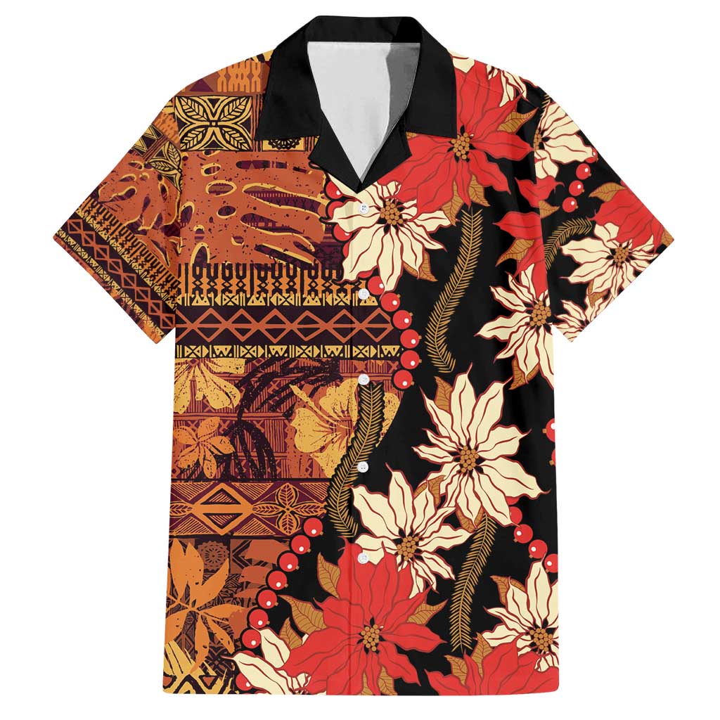 Hawaii Christmas Poinsettia Lei Family Matching Off Shoulder Short Dress and Hawaiian Shirt Tapa Pattern - Polynesian Pride