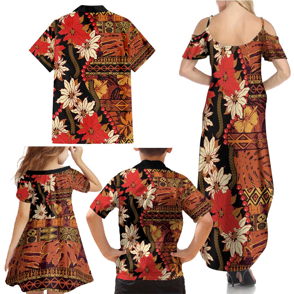 Hawaii Christmas Poinsettia Lei Family Matching Summer Maxi Dress and Hawaiian Shirt Tapa Pattern - Polynesian Pride