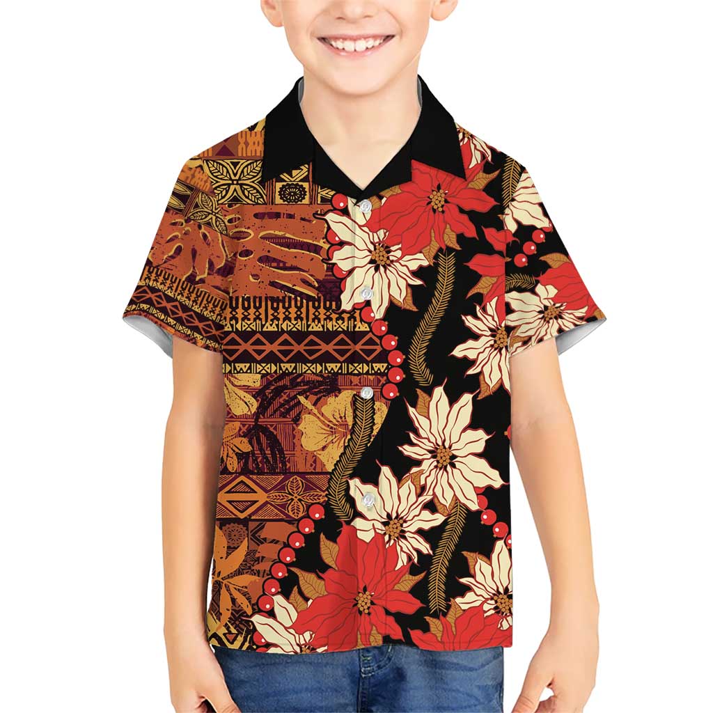 Hawaii Christmas Poinsettia Lei Kid Hawaiian Shirt Tapa Pattern - Polynesian Pride