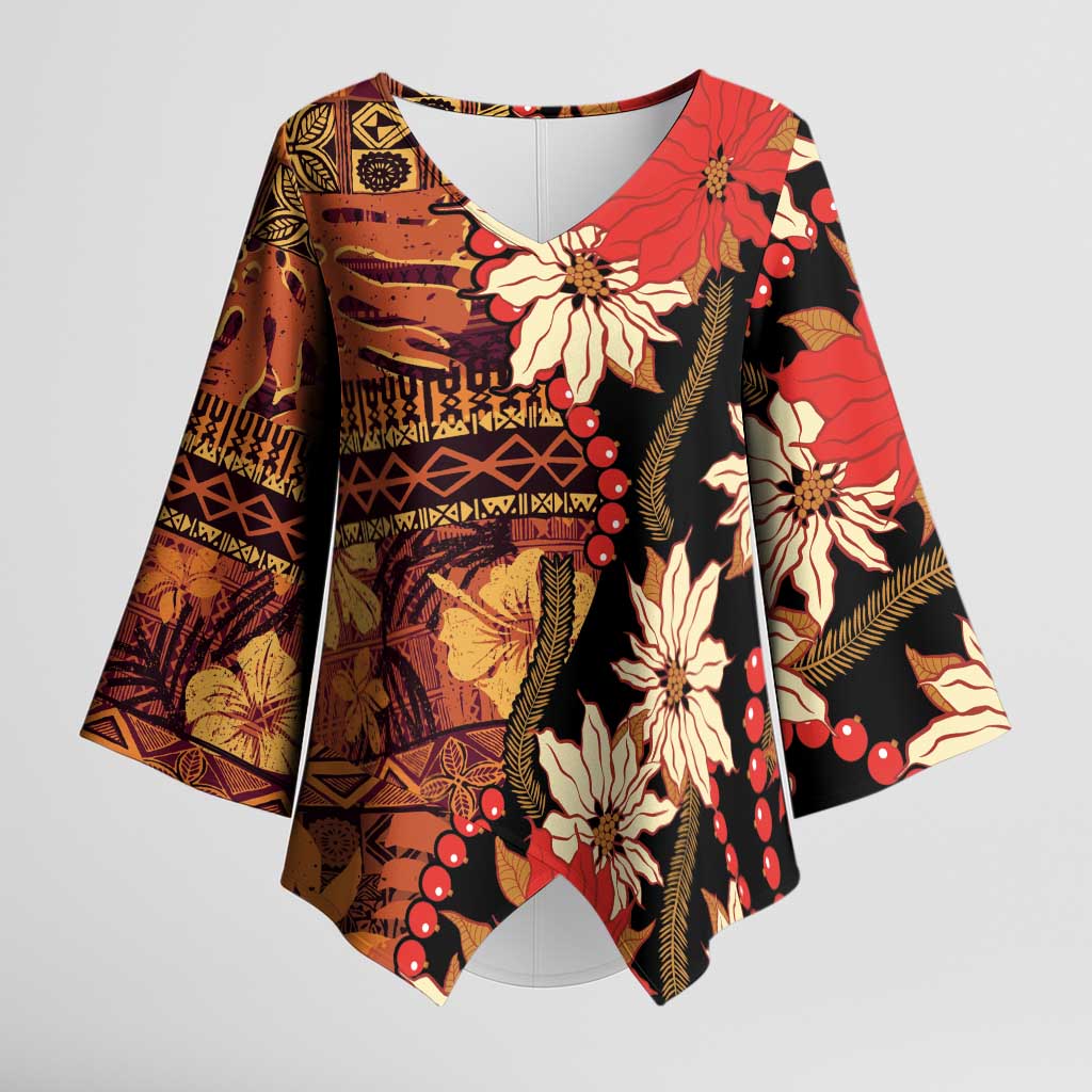 Hawaii Christmas Poinsettia Lei Kimono Sleeve Blouse Tapa Pattern - Polynesian Pride
