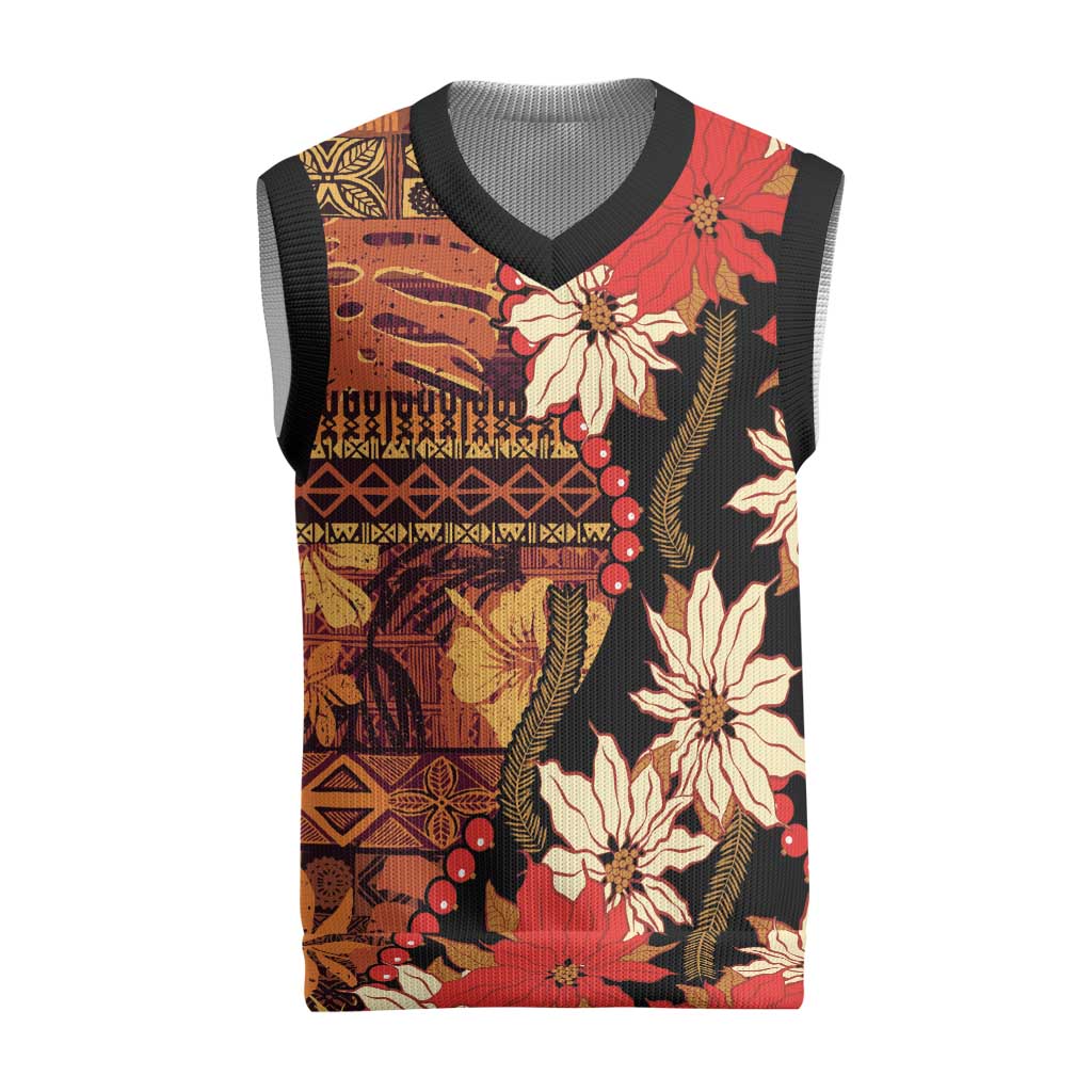 Hawaii Christmas Poinsettia Lei Christmas Knitted V-Neck Vest Tapa Pattern - Polynesian Pride