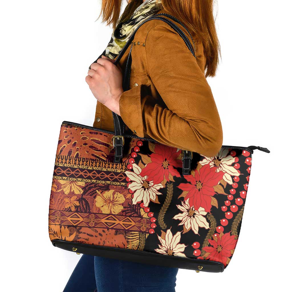 Hawaii Christmas Poinsettia Lei Leather Tote Bag Tapa Pattern - Polynesian Pride