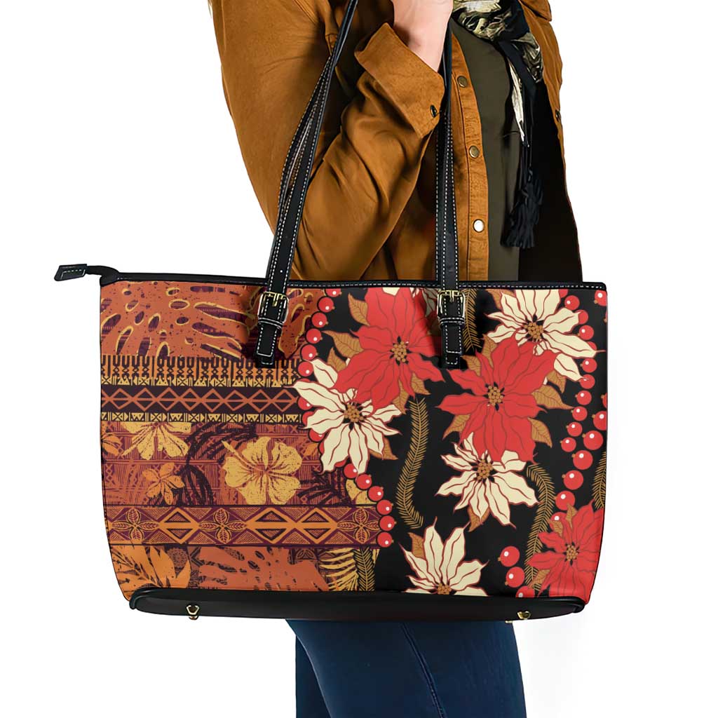 Hawaii Christmas Poinsettia Lei Leather Tote Bag Tapa Pattern - Polynesian Pride