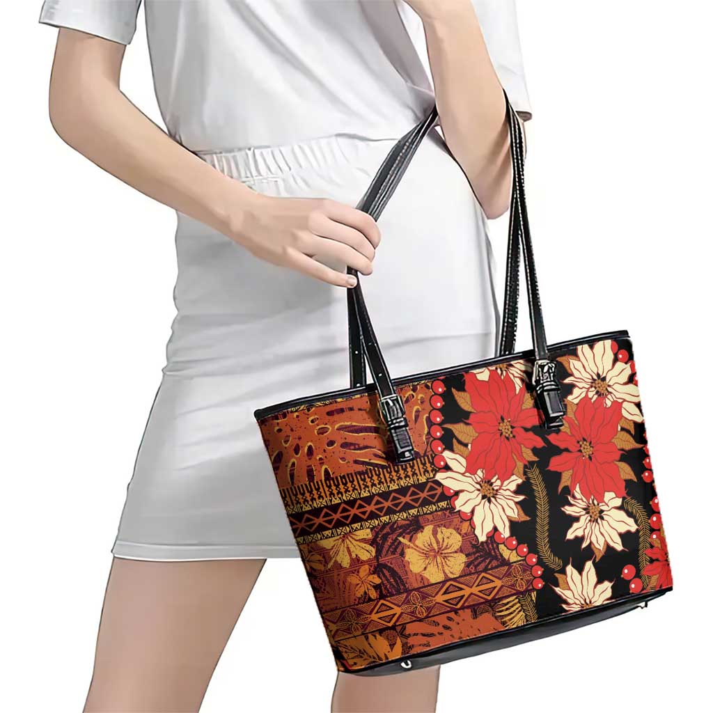 Hawaii Christmas Poinsettia Lei Leather Tote Bag Tapa Pattern - Polynesian Pride