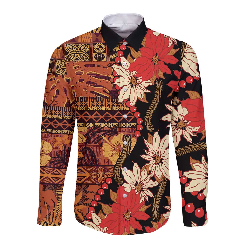 Hawaii Christmas Poinsettia Lei Long Sleeve Button Shirt Tapa Pattern - Polynesian Pride