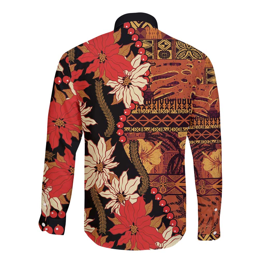 Hawaii Christmas Poinsettia Lei Long Sleeve Button Shirt Tapa Pattern - Polynesian Pride
