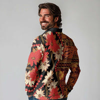 Hawaii Christmas Poinsettia Lei Long Sleeve Polo Shirt Tapa Pattern - Polynesian Pride