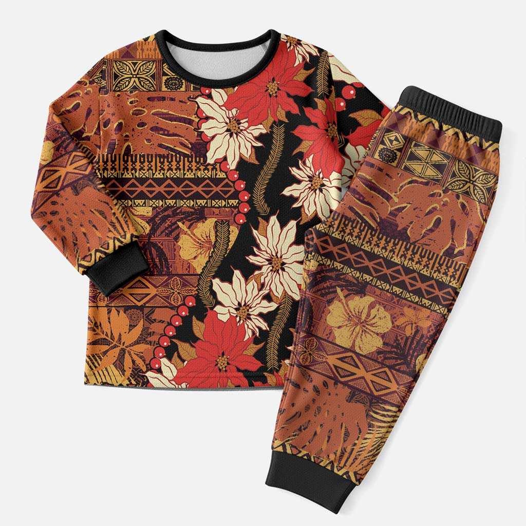 Hawaii Christmas Poinsettia Lei Christmas Pajama Set Tapa Pattern - Polynesian Pride