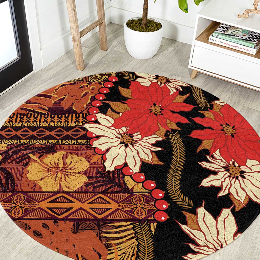 Hawaii Christmas Poinsettia Lei Round Carpet Tapa Pattern - Polynesian Pride