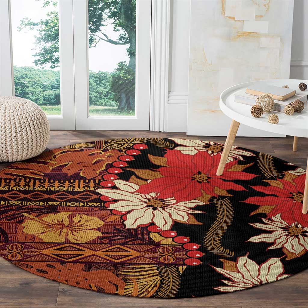 Hawaii Christmas Poinsettia Lei Round Carpet Tapa Pattern - Polynesian Pride