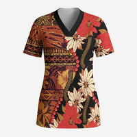 Hawaii Christmas Poinsettia Lei Scrub Top Tapa Pattern - Polynesian Pride
