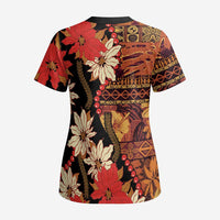 Hawaii Christmas Poinsettia Lei Scrub Top Tapa Pattern - Polynesian Pride