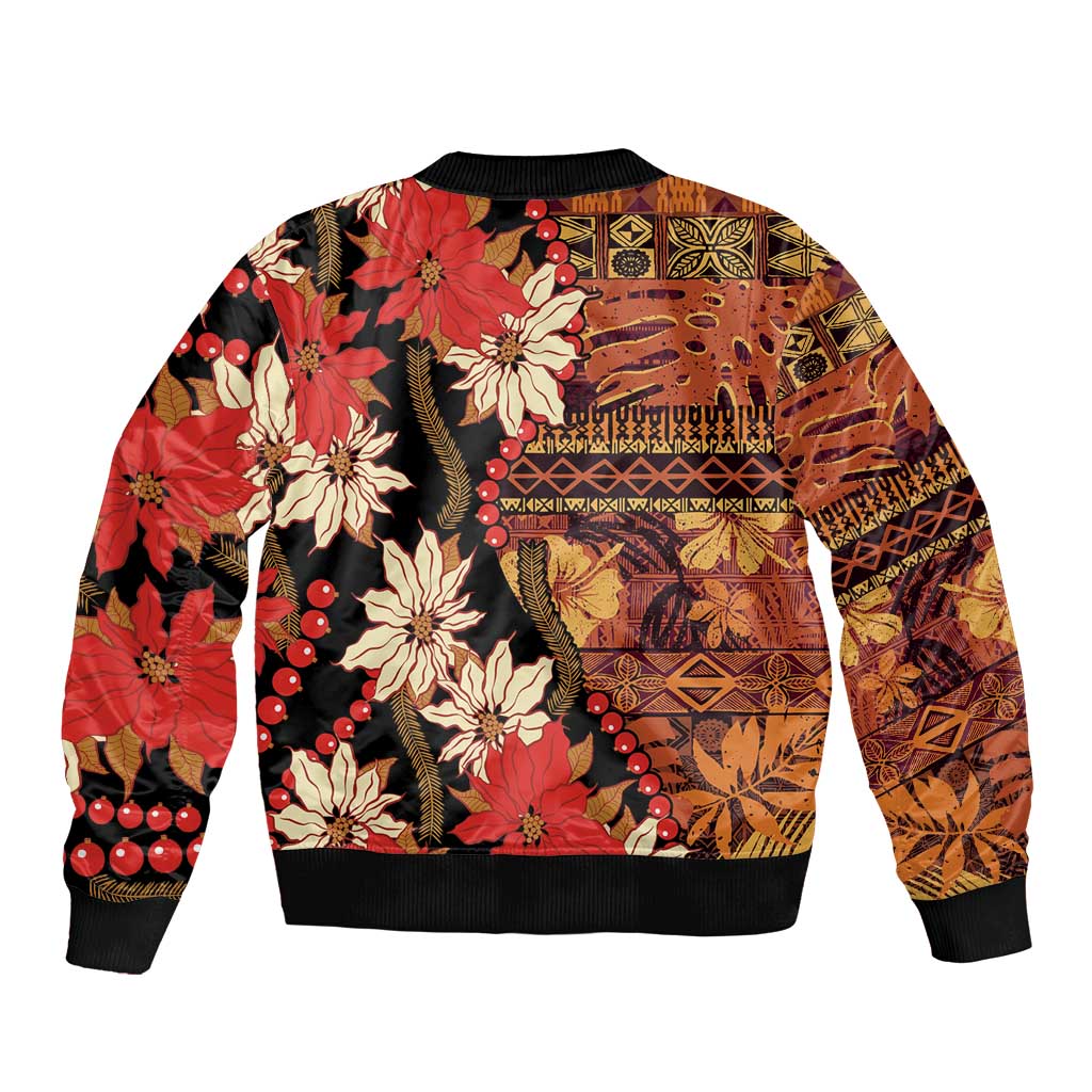 Hawaii Christmas Poinsettia Lei Sleeve Zip Bomber Jacket Tapa Pattern - Polynesian Pride