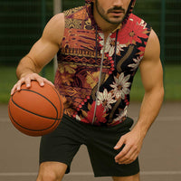 Hawaii Christmas Poinsettia Lei Sleeveless Zip Hoodie Tapa Pattern - Polynesian Pride