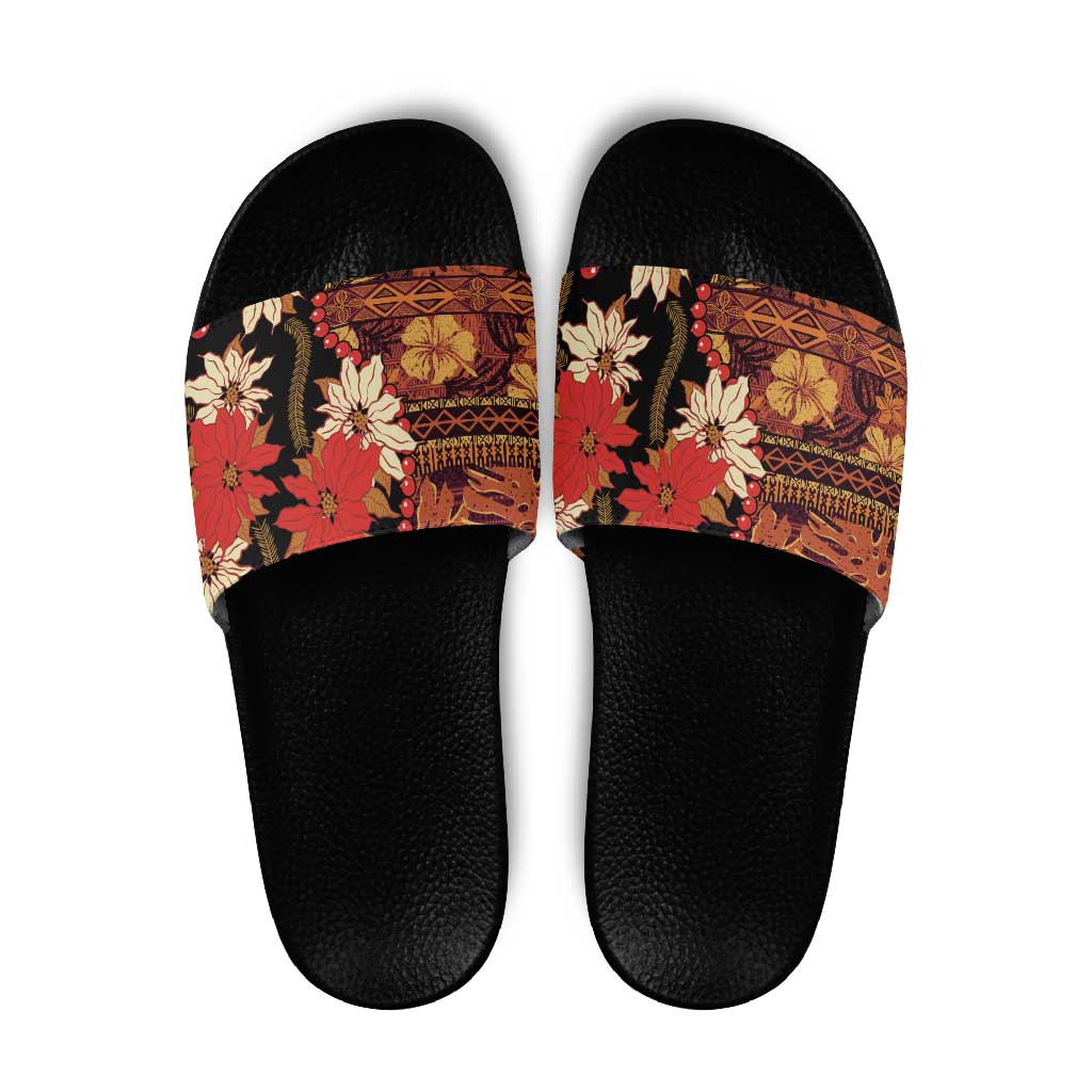 Hawaii Christmas Poinsettia Lei Slide Sandals Tapa Pattern - Polynesian Pride