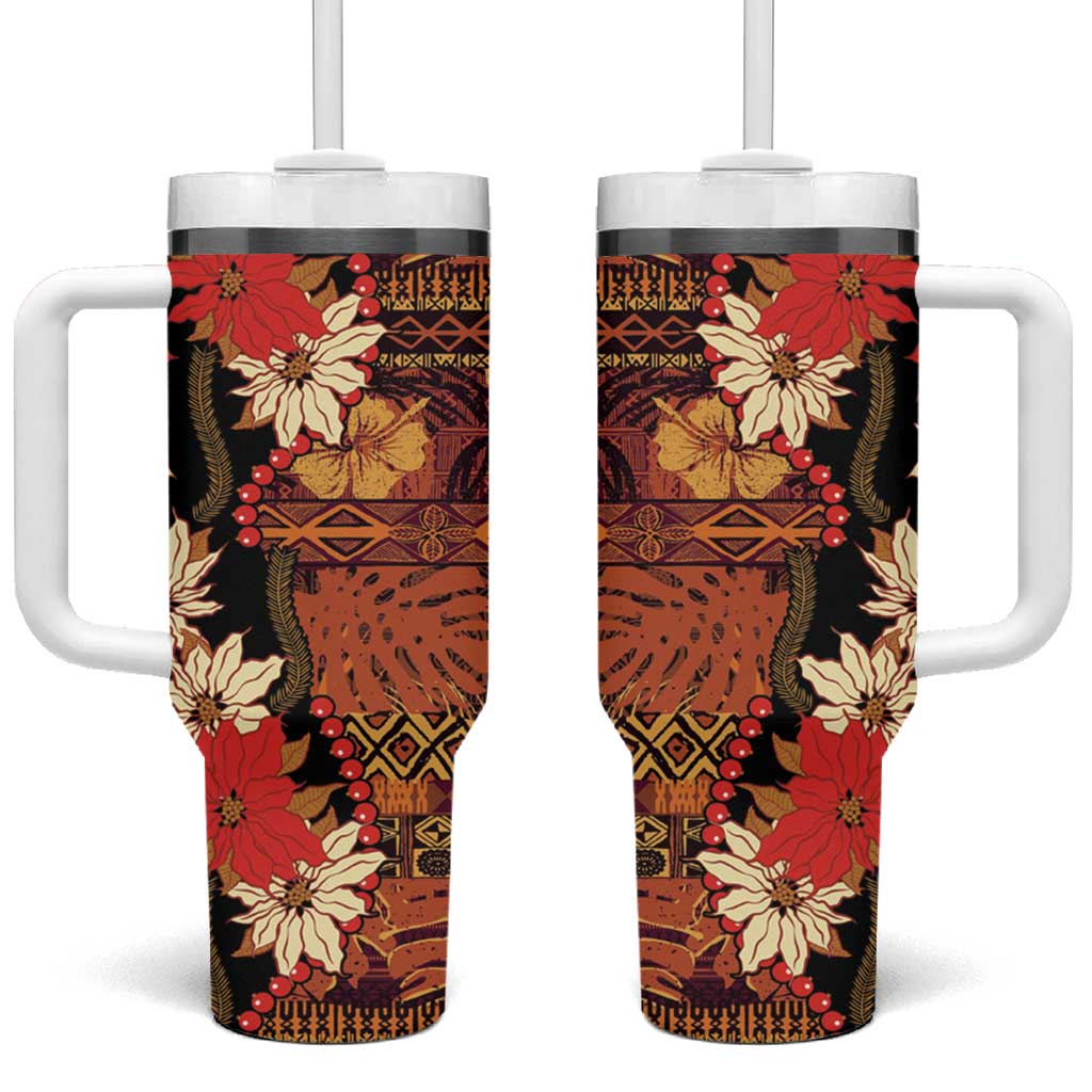 Hawaii Christmas Poinsettia Lei Tumbler With Handle Tapa Pattern - Polynesian Pride