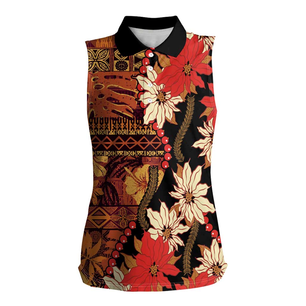 Hawaii Christmas Poinsettia Lei Women Sleeveless Polo Shirt Tapa Pattern - Polynesian Pride