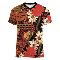 Hawaii Christmas Poinsettia Lei Women V-Neck T-Shirt Tapa Pattern - Polynesian Pride
