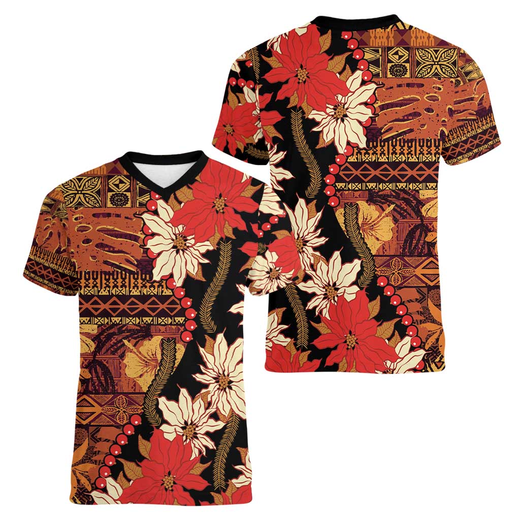 Hawaii Christmas Poinsettia Lei Women V-Neck T-Shirt Tapa Pattern - Polynesian Pride
