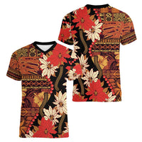 Hawaii Christmas Poinsettia Lei Women V-Neck T-Shirt Tapa Pattern - Polynesian Pride