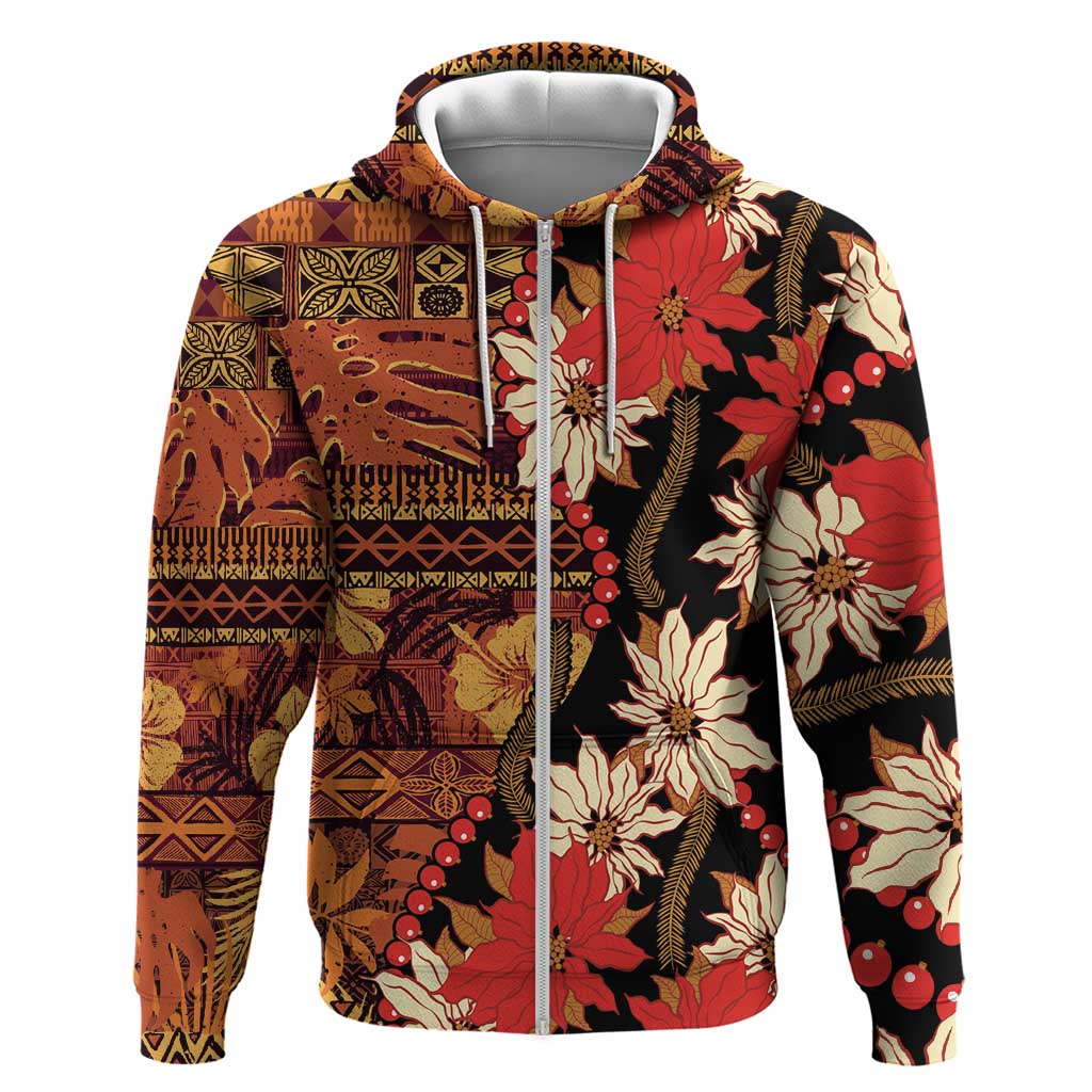 Hawaii Christmas Poinsettia Lei Zip Hoodie Tapa Pattern - Polynesian Pride