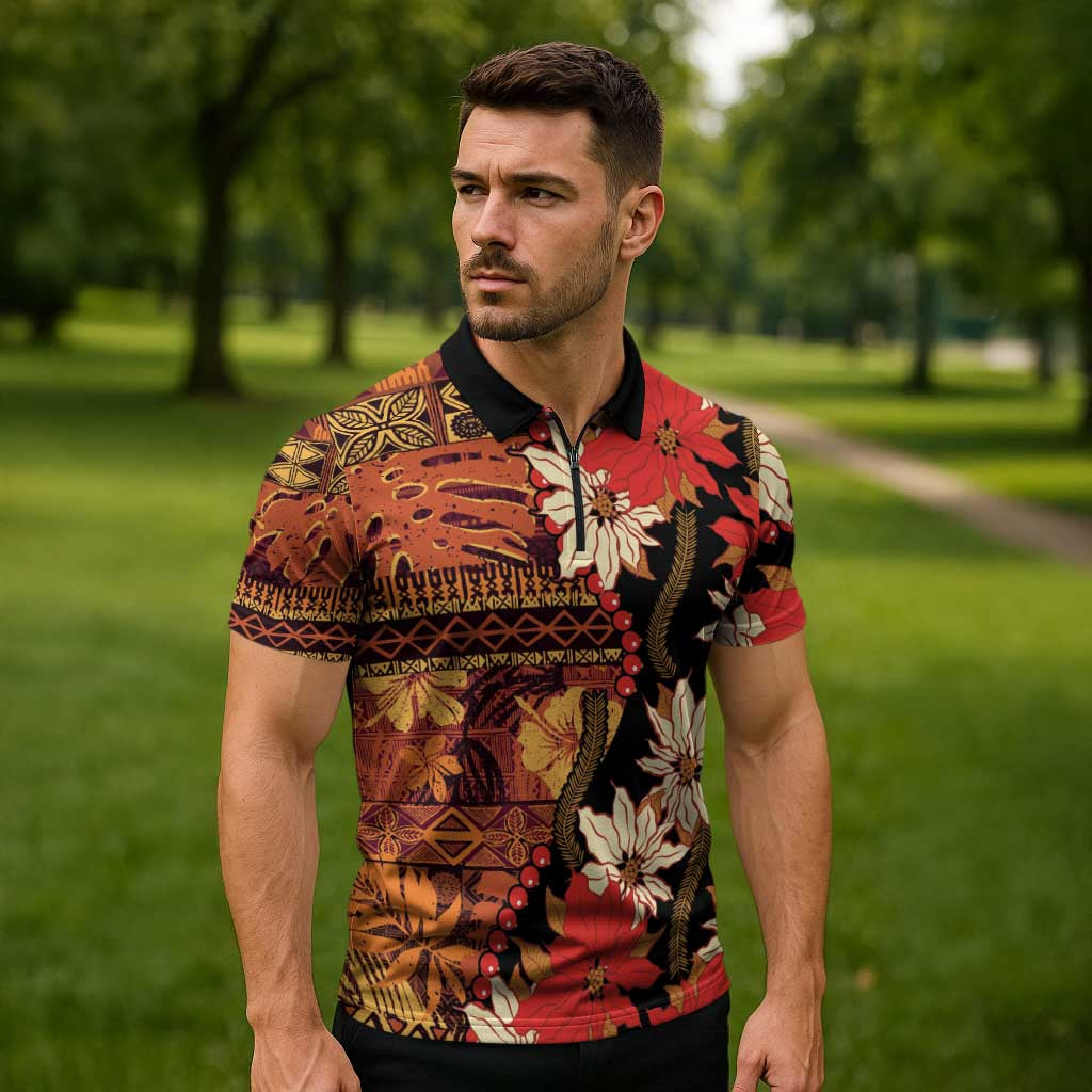 Hawaii Christmas Poinsettia Lei Zipper Polo Shirt Tapa Pattern - Polynesian Pride