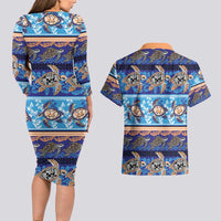 Hawaii Turtles Pattern Special Blue Couples Matching Long Sleeve Bodycon Dress and Hawaiian Shirt - Polynesian Pride