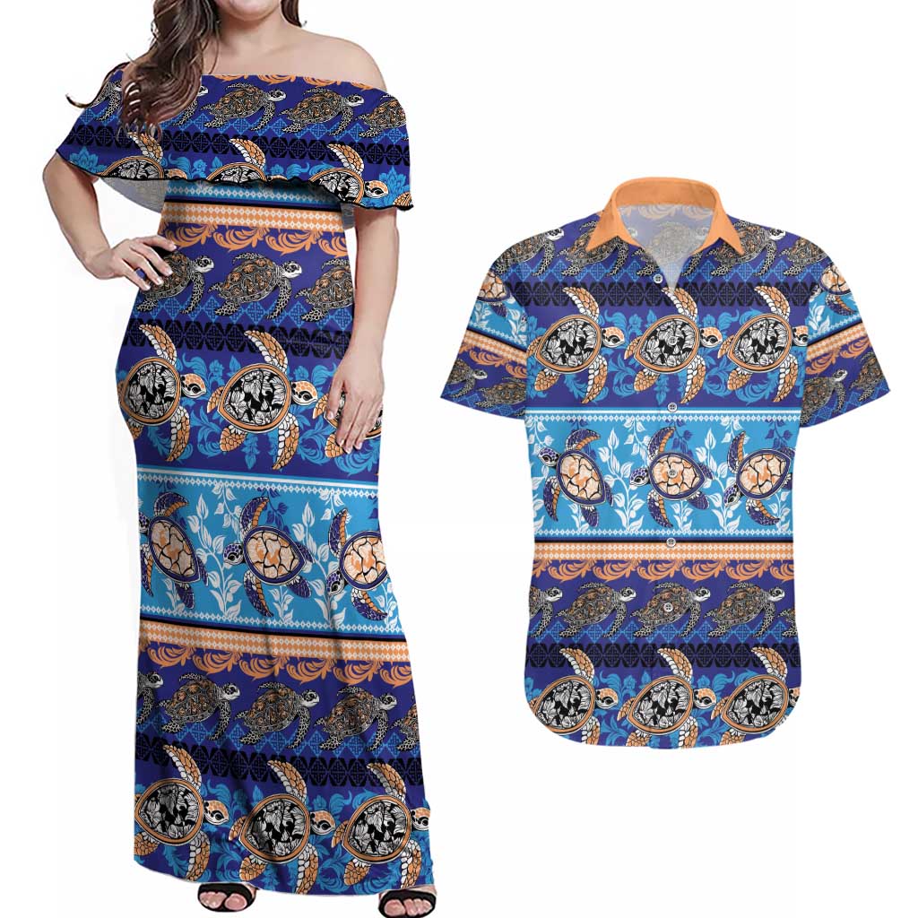 Hawaii Turtles Pattern Special Blue Couples Matching Off Shoulder Maxi Dress and Hawaiian Shirt - Polynesian Pride