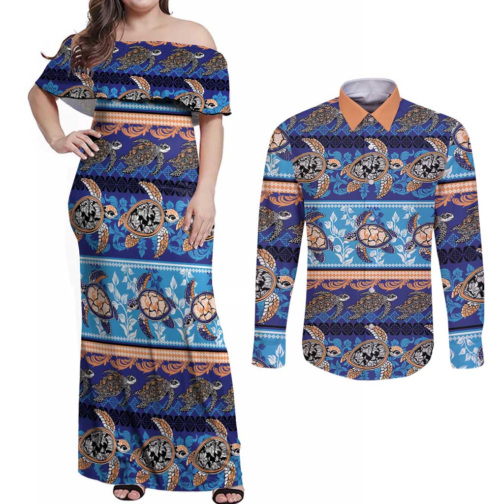 Hawaii Turtles Pattern Special Blue Couples Matching Off Shoulder Maxi Dress and Long Sleeve Button Shirt - Polynesian Pride