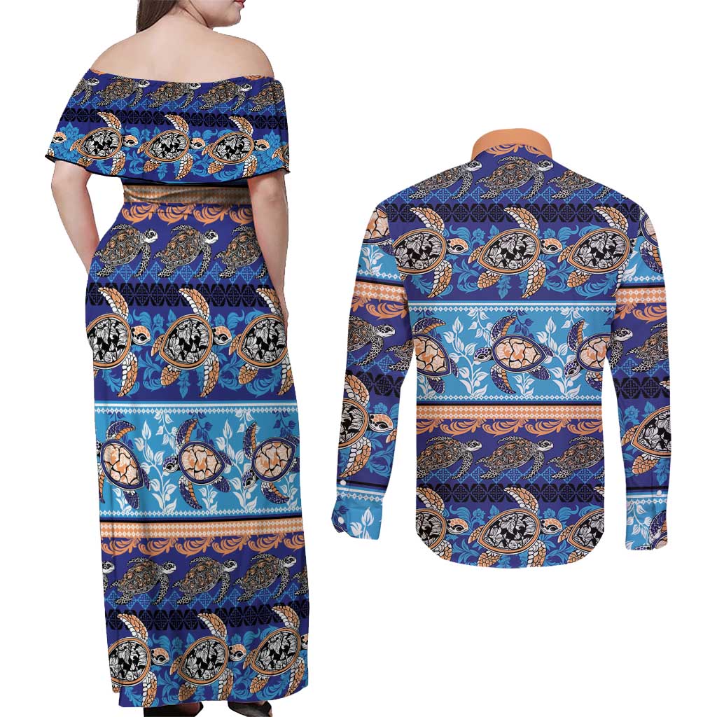 Hawaii Turtles Pattern Special Blue Couples Matching Off Shoulder Maxi Dress and Long Sleeve Button Shirt - Polynesian Pride