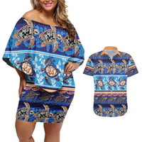 Hawaii Turtles Pattern Special Blue Couples Matching Off Shoulder Short Dress and Hawaiian Shirt - Polynesian Pride