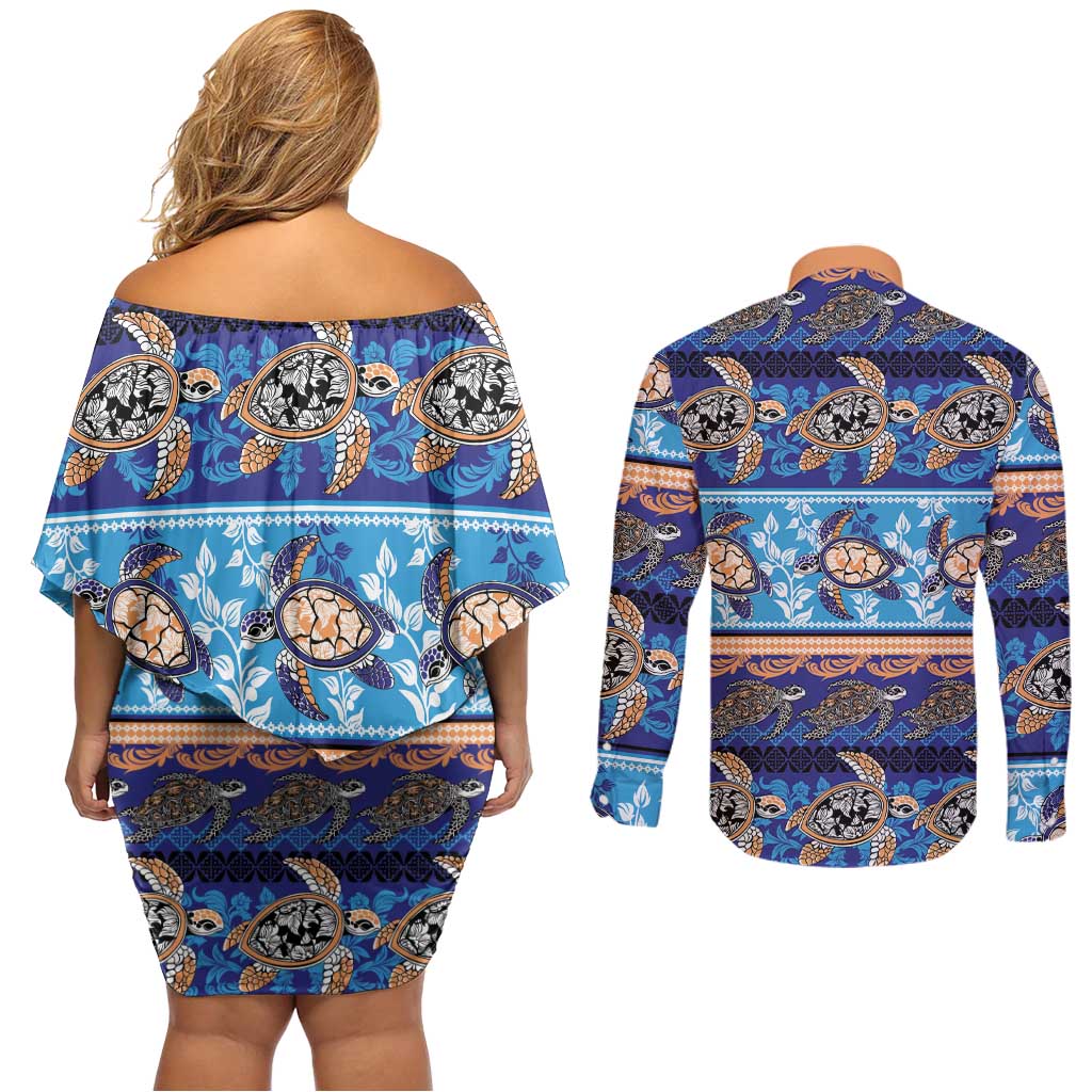Hawaii Turtles Pattern Special Blue Couples Matching Off Shoulder Short Dress and Long Sleeve Button Shirt - Polynesian Pride
